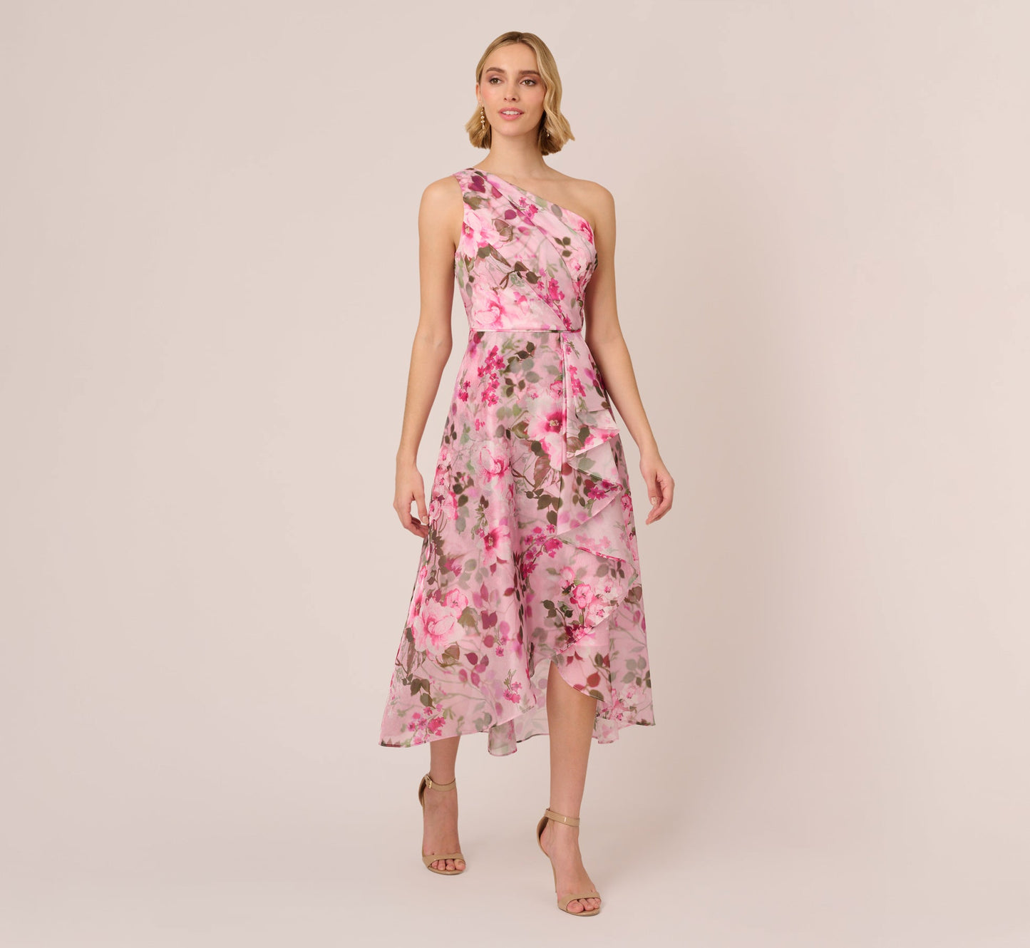 Floral Print Organza Midi Dress With One Shoulder Neckline In Pink Multi