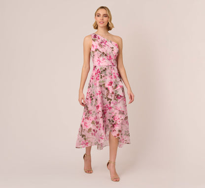 Floral Print Organza Midi Dress With One Shoulder Neckline In Pink Multi