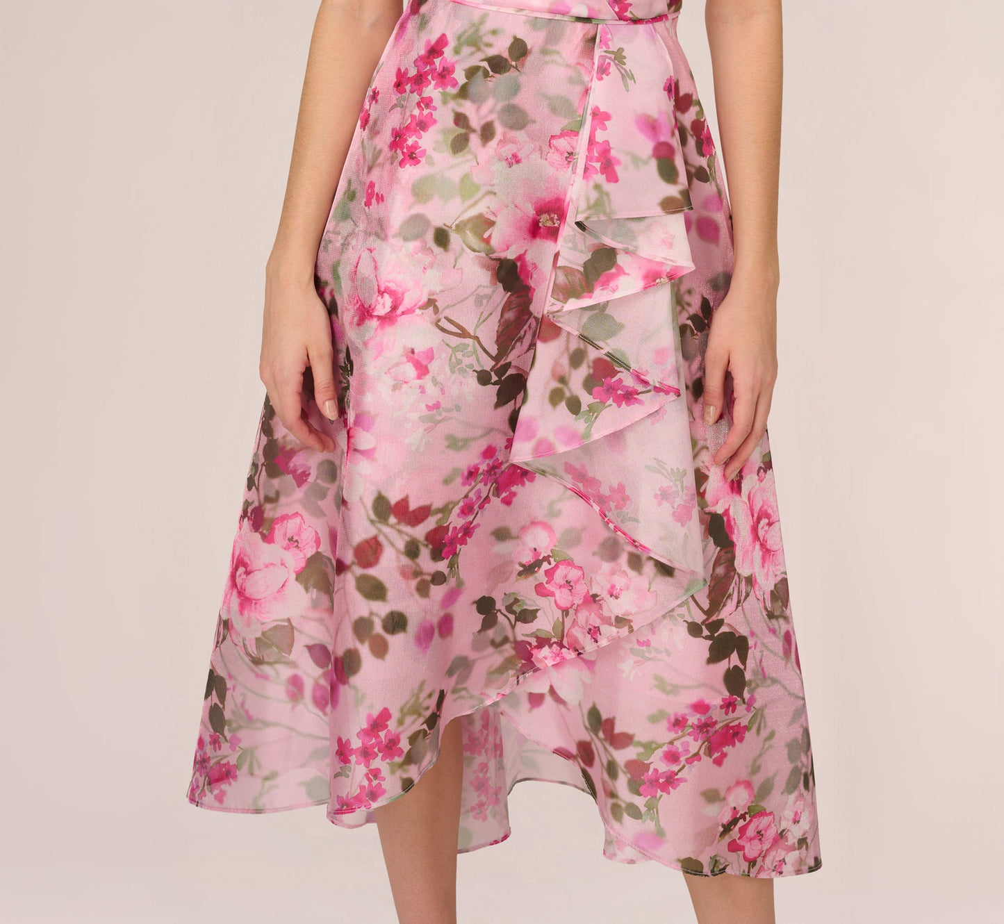 Floral Print Organza Midi Dress With One Shoulder Neckline In Pink Multi