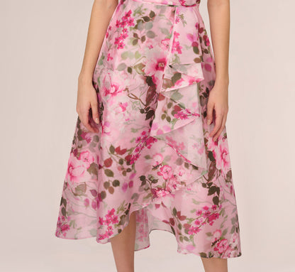 Floral Print Organza Midi Dress With One Shoulder Neckline In Pink Multi