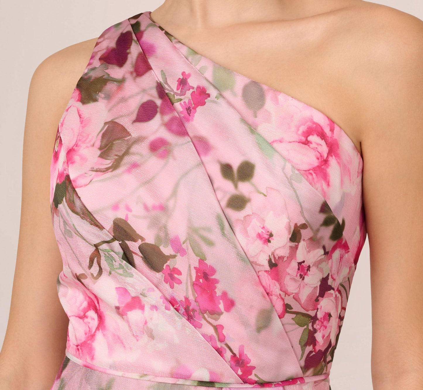 Floral Print Organza Midi Dress With One Shoulder Neckline In Pink Multi