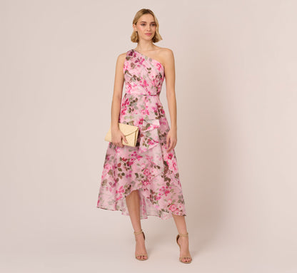 Floral Print Organza Midi Dress With One Shoulder Neckline In Pink Multi