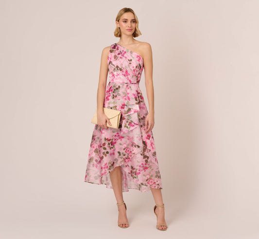 Floral Print Organza Midi Dress With One Shoulder Neckline In Pink Multi