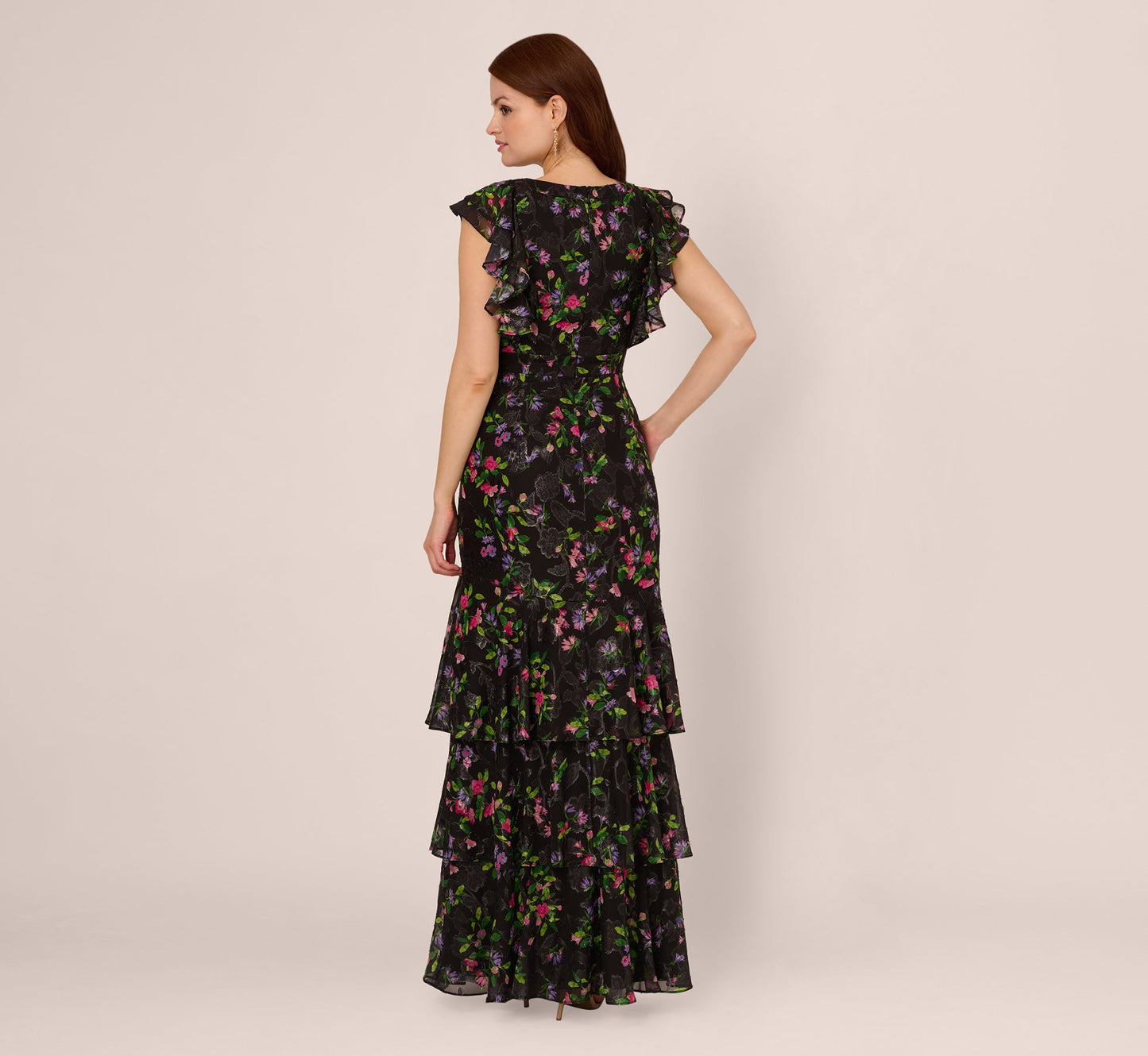 Floral Tiered Chiffon Gown With Flutter Sleeves In Black Multi