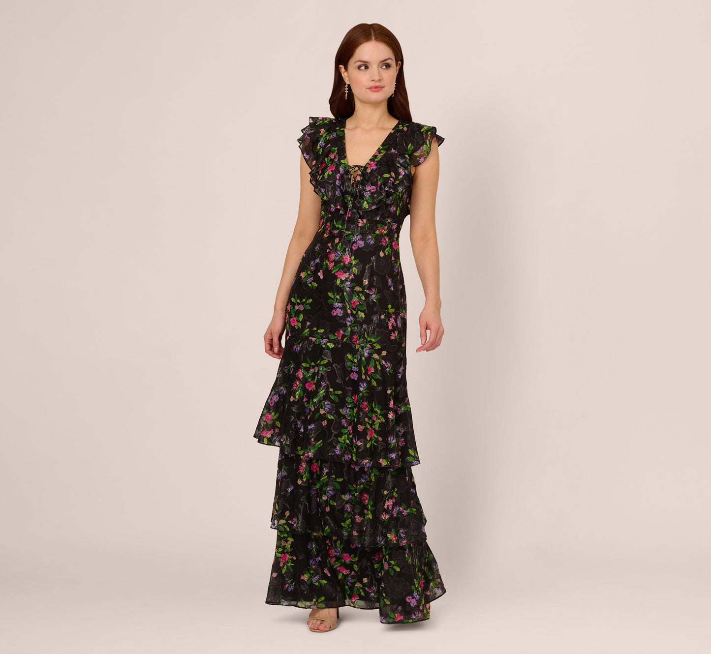 Floral Tiered Chiffon Gown With Flutter Sleeves In Black Multi