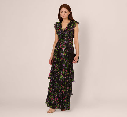 Floral Tiered Chiffon Gown With Flutter Sleeves In Black Multi