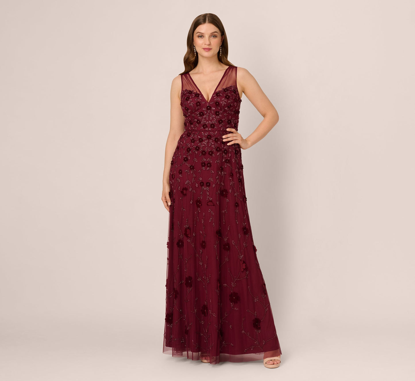 Velvet Floral Beaded Gown With Sheer Tank Straps In Mahogany