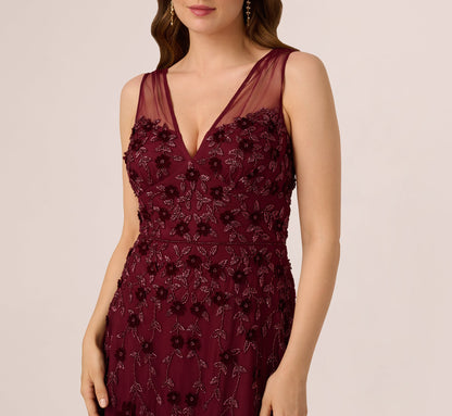 Velvet Floral Beaded Gown With Sheer Tank Straps In Mahogany