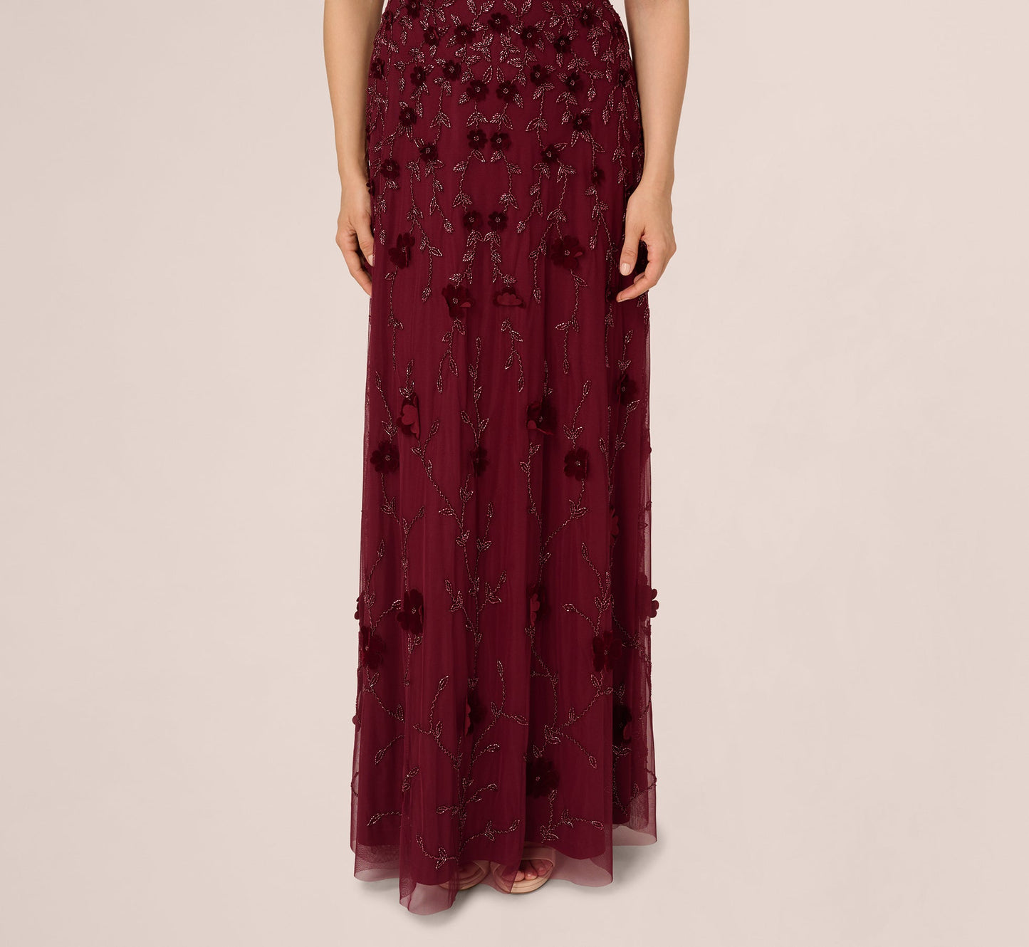 Velvet Floral Beaded Gown With Sheer Tank Straps In Mahogany