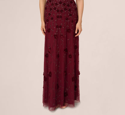 Velvet Floral Beaded Gown With Sheer Tank Straps In Mahogany