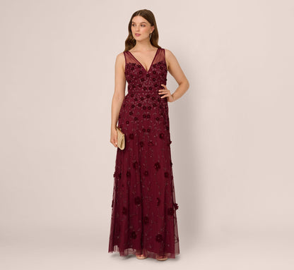 Velvet Floral Beaded Gown With Sheer Tank Straps In Mahogany