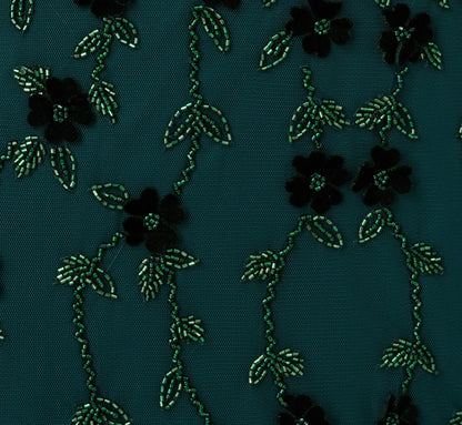 Velvet Floral Beaded Gown With Sheer Tank Straps In Gem Green