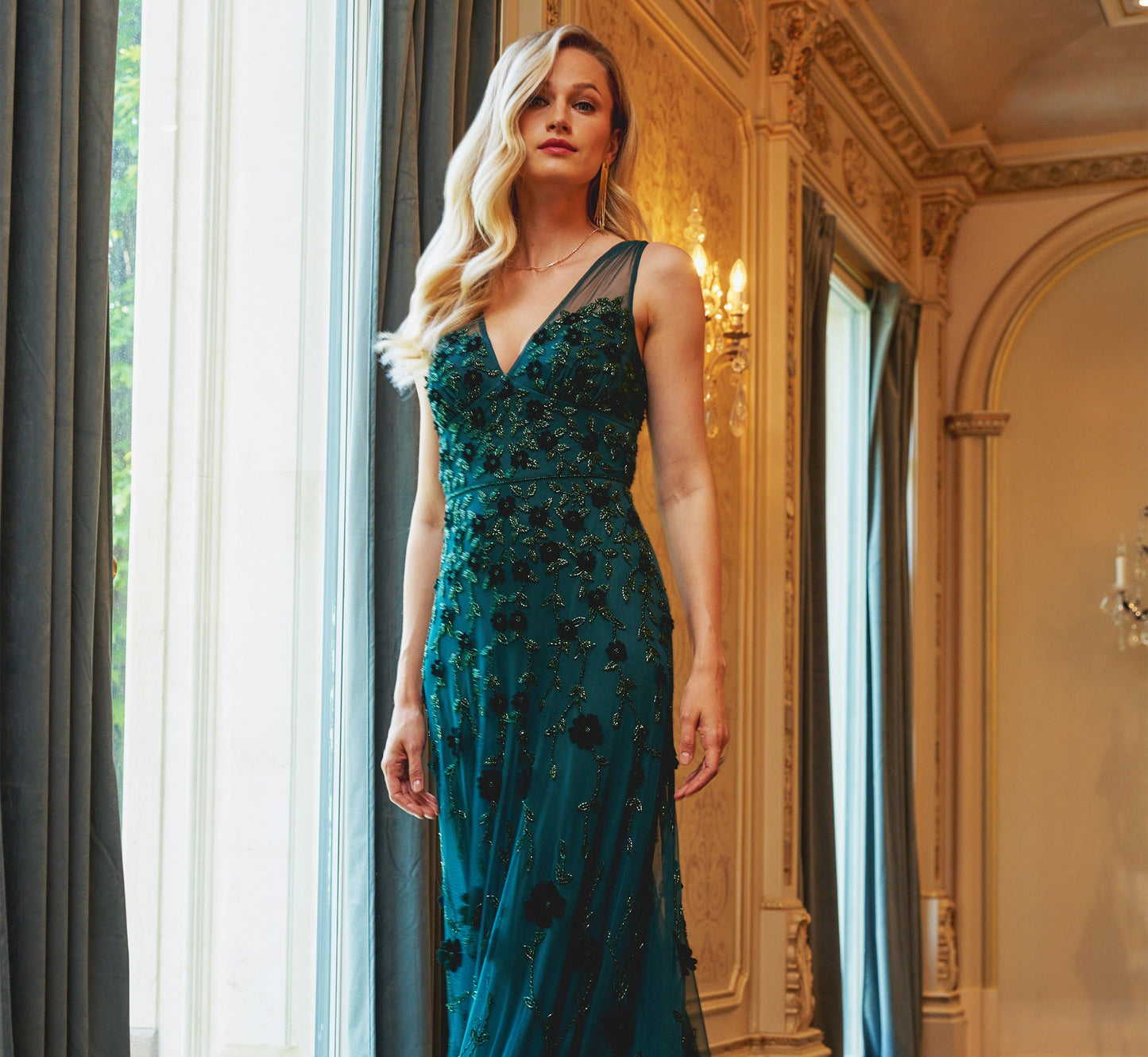 Velvet Floral Beaded Gown With Sheer Tank Straps In Gem Green