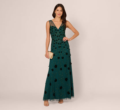 Velvet Floral Beaded Gown With Sheer Tank Straps In Gem Green