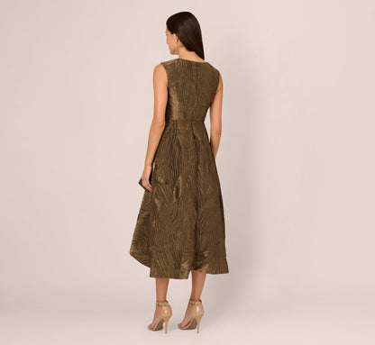 Textured Jacquard High Low Dress With Notched Neck In Metallic Gold