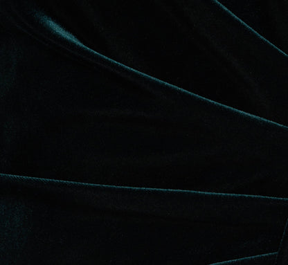 Off The Shoulder Velvet Mermaid Gown With Organza Ruffle In Hunter