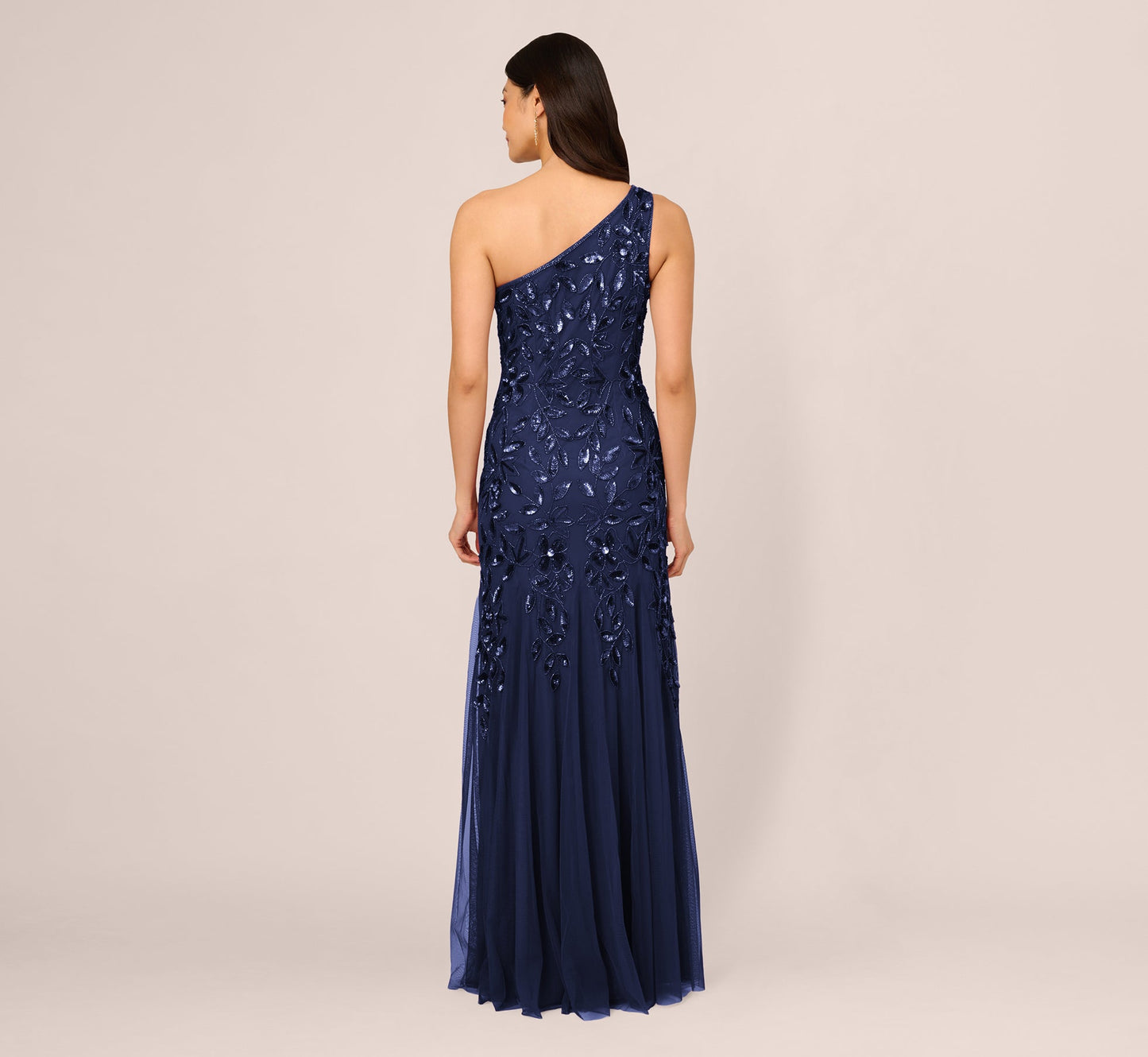 Floral Beaded One Shoulder Mermaid Gown With Godet Skirt In Light Navy