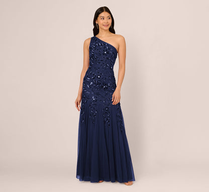 Floral Beaded One Shoulder Mermaid Gown With Godet Skirt In Light Navy