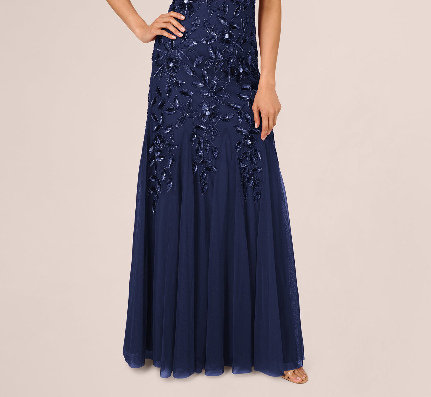 Floral Beaded One Shoulder Mermaid Gown With Godet Skirt In Light Navy