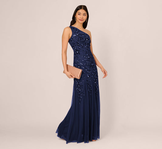 Floral Beaded One Shoulder Mermaid Gown With Godet Skirt In Light Navy