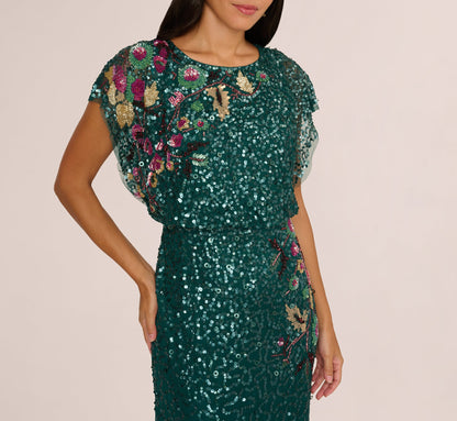 Multicolor Floral Beaded Mermaid Gown With Dolman Sleeves In Gem Green