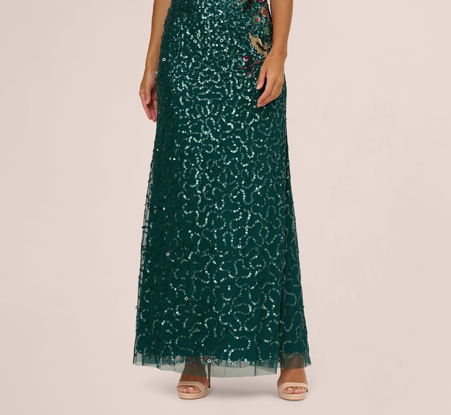 Multicolor Floral Beaded Mermaid Gown With Dolman Sleeves In Gem Green