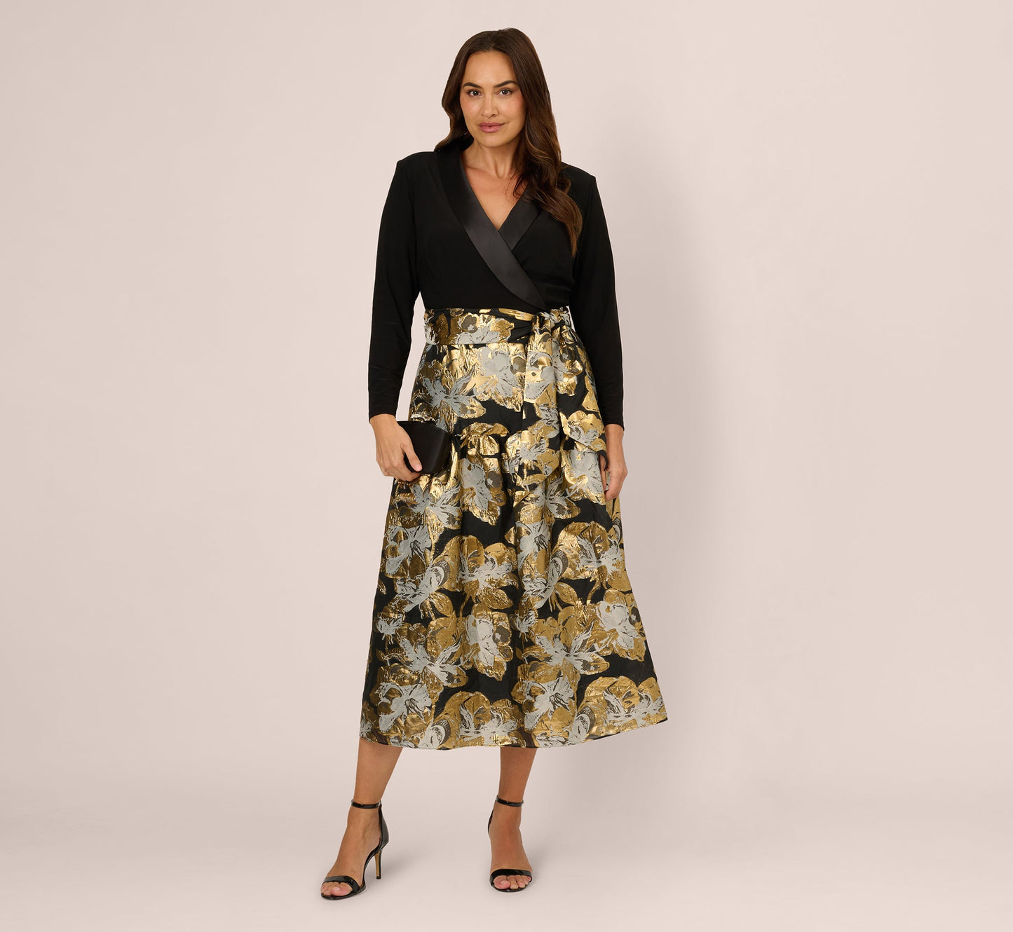 Plus Size Combo Floral Jacquard Dress In Black Gold