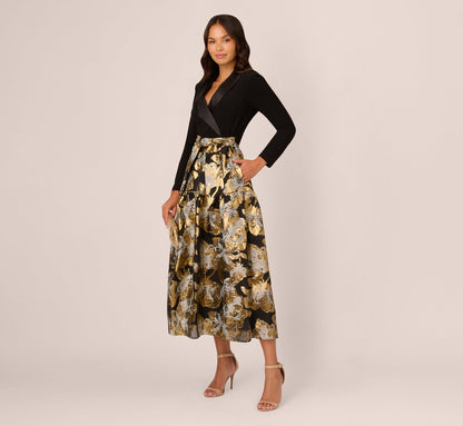 Combo Floral Jacquard Dress In Black Gold