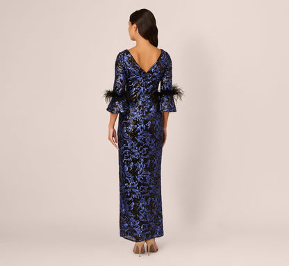 Sequin Embroidered Gown In Black Blue