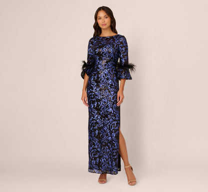 Sequin Embroidered Gown In Black Blue