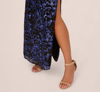 Sequin Embroidered Gown In Black Blue