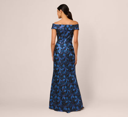 Off Shoulder Jacquard Gown In Blue Multi