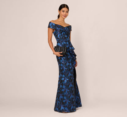 Off Shoulder Jacquard Gown In Blue Multi