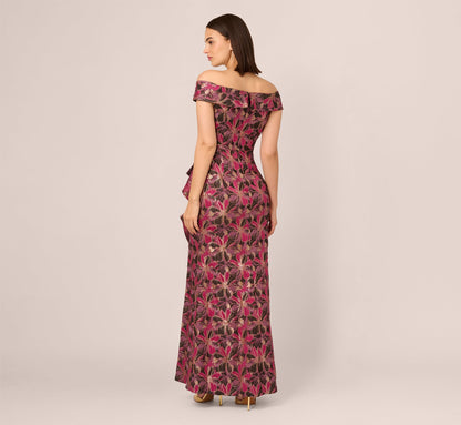 Off Shoulder Jacquard Gown In Fuchsia Multi