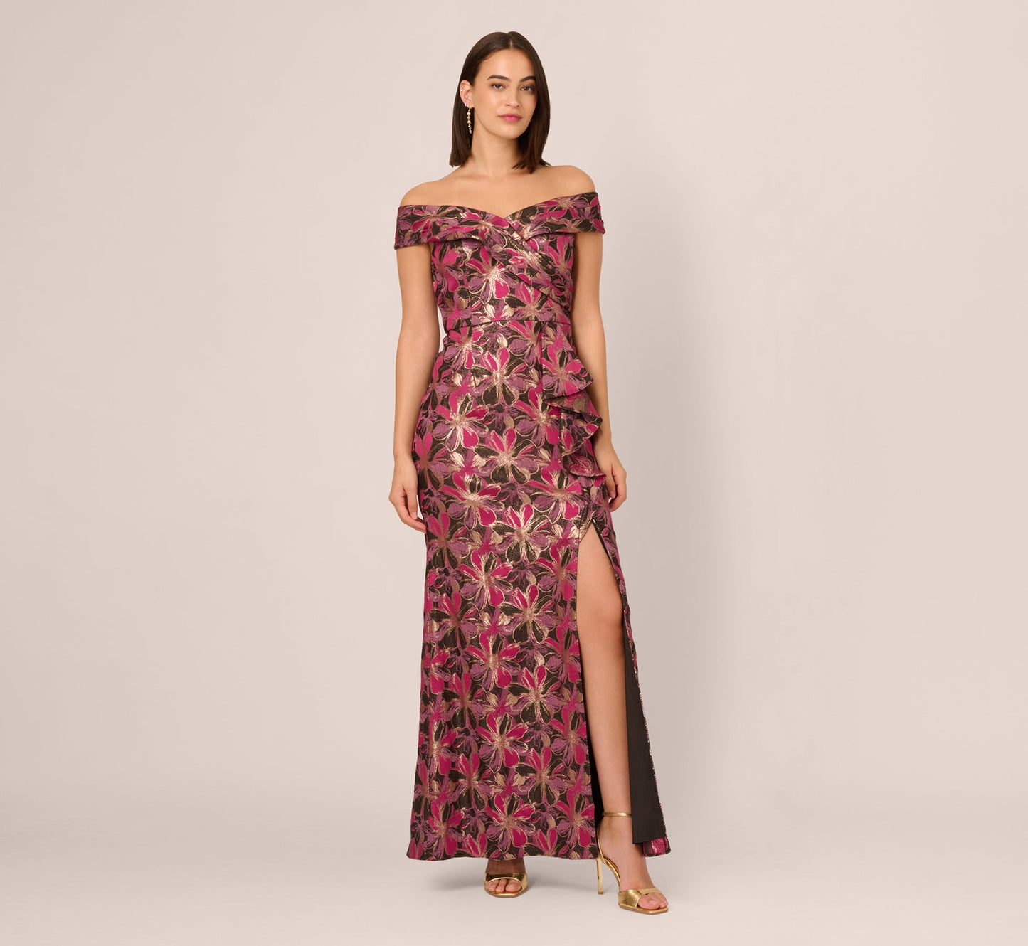 Off Shoulder Jacquard Gown In Fuchsia Multi