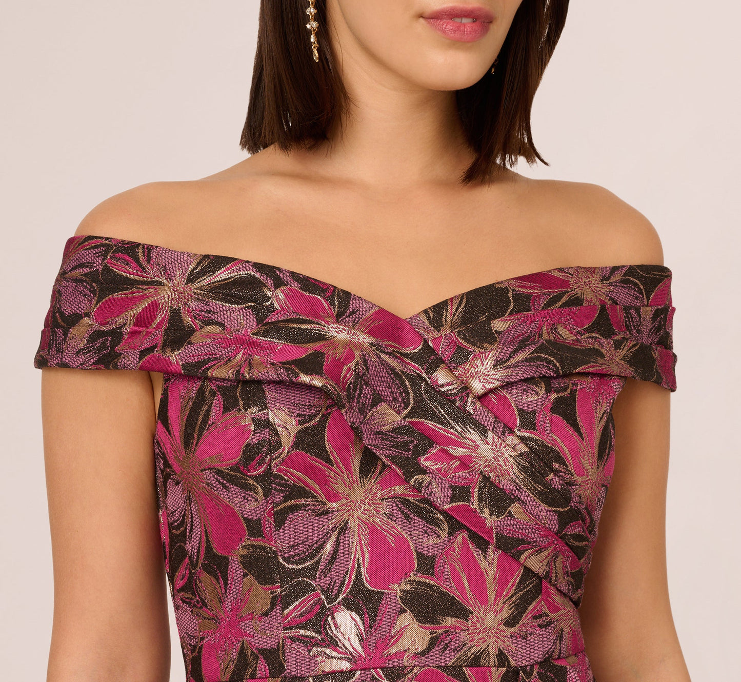 Off Shoulder Jacquard Gown In Fuchsia Multi