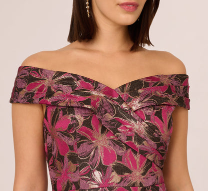 Off Shoulder Jacquard Gown In Fuchsia Multi