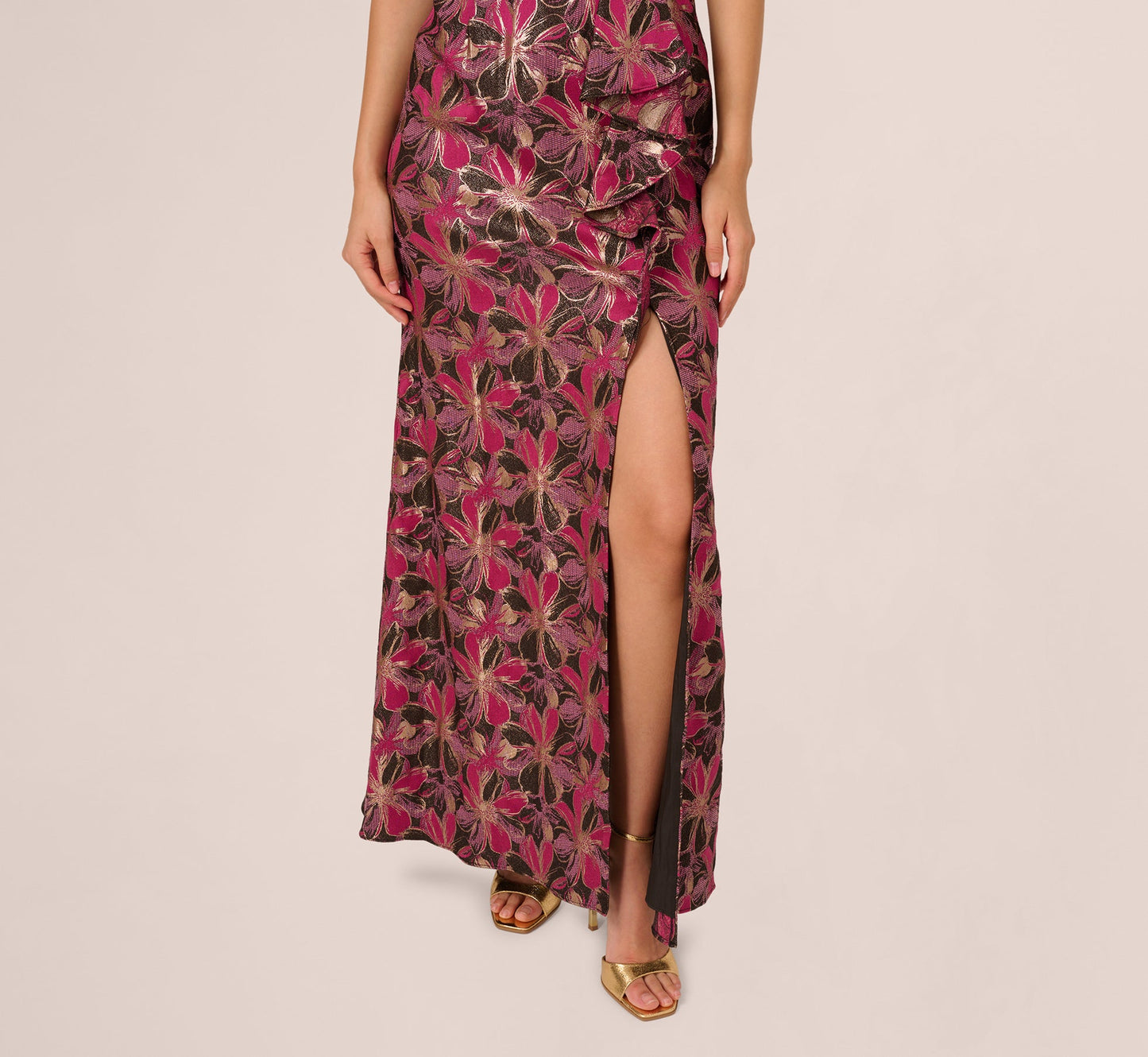 Off Shoulder Jacquard Gown In Fuchsia Multi