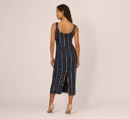 Sleeveless 3D Beaded Ankle Length Dress In Navy Gunmetal