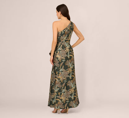 One Shoulder Jacquard Dress In Green Gold