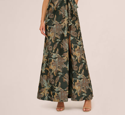 One Shoulder Jacquard Dress In Green Gold