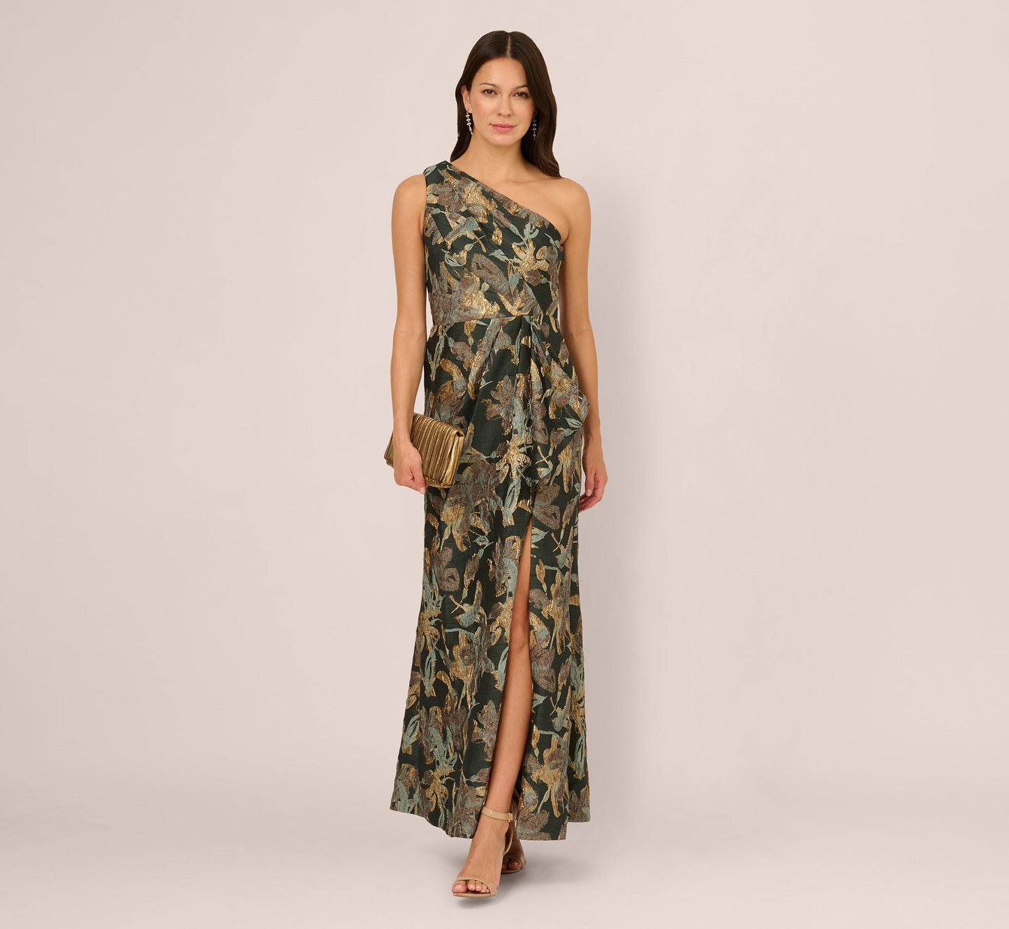One Shoulder Jacquard Dress In Green Gold