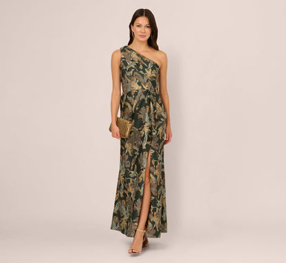 One Shoulder Jacquard Dress In Green Gold