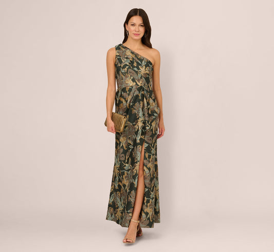 One Shoulder Jacquard Dress In Green Gold