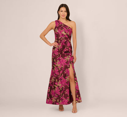 One Shoulder Jacquard Dress In Burgundy Gold
