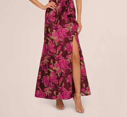 One Shoulder Jacquard Dress In Burgundy Gold
