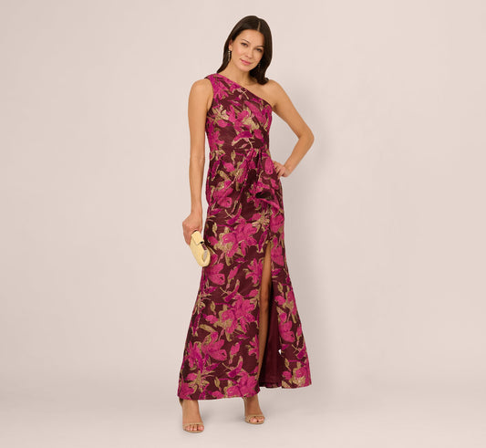 One Shoulder Jacquard Dress In Burgundy Gold