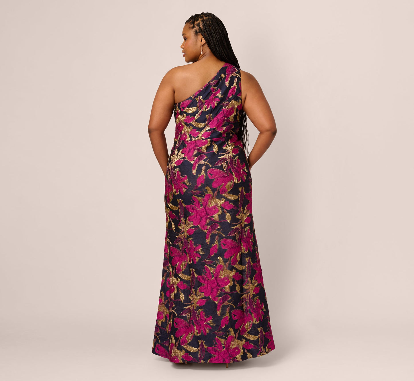 Plus Size One Shoulder Jacquard Dress In Navy Pink