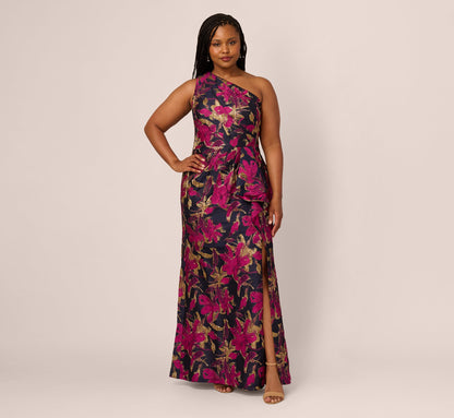 Plus Size One Shoulder Jacquard Dress In Navy Pink