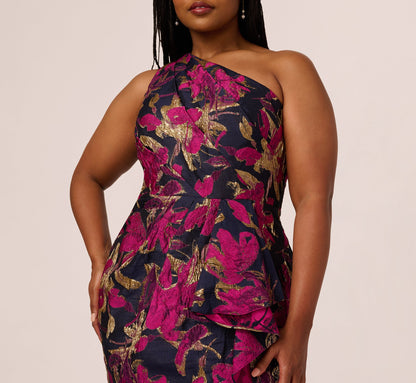 Plus Size One Shoulder Jacquard Dress In Navy Pink
